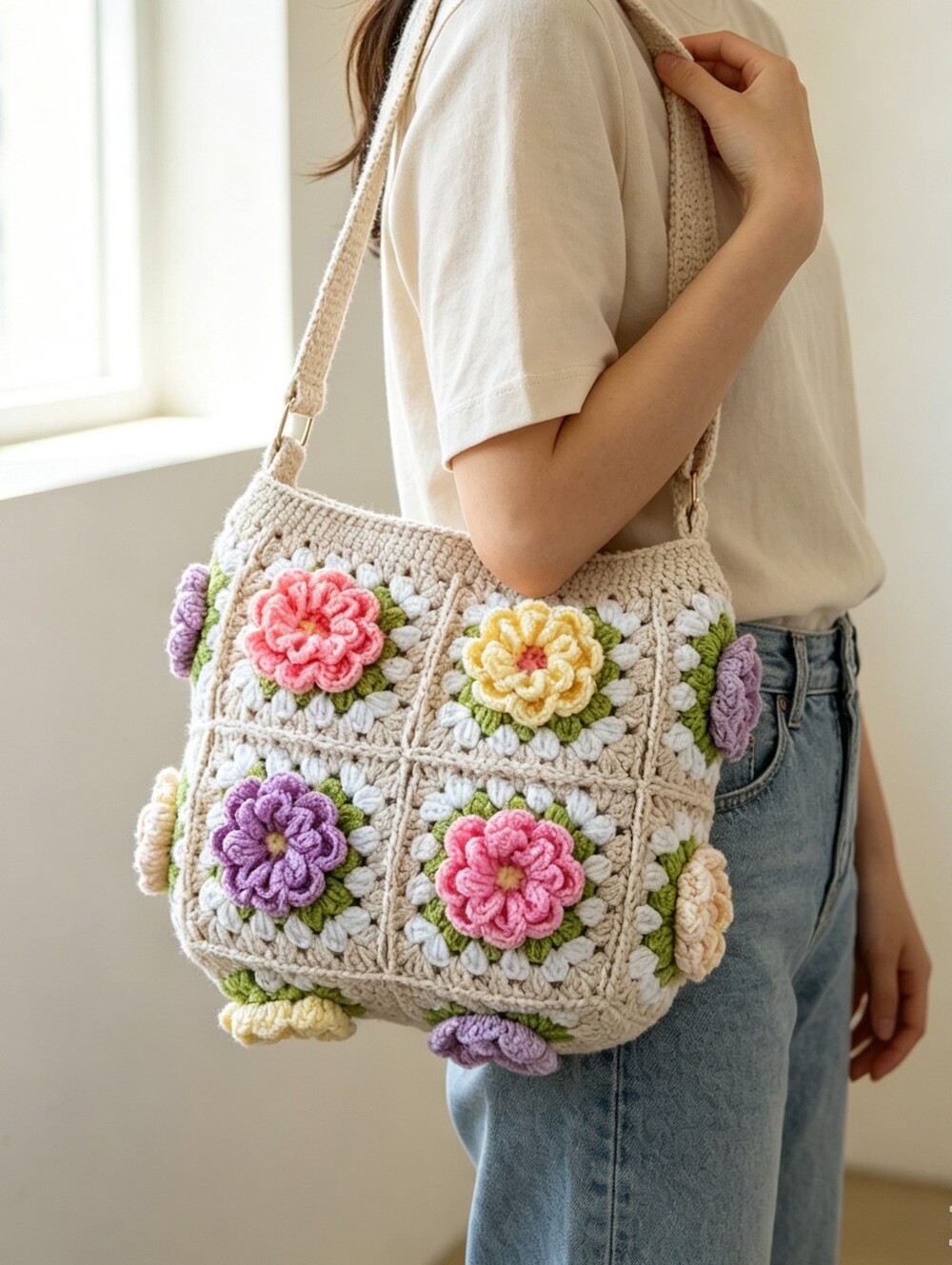 Handmade Crochet Floral Crossbody Bag - Cream with Pink, Purple & Yellow Flowers